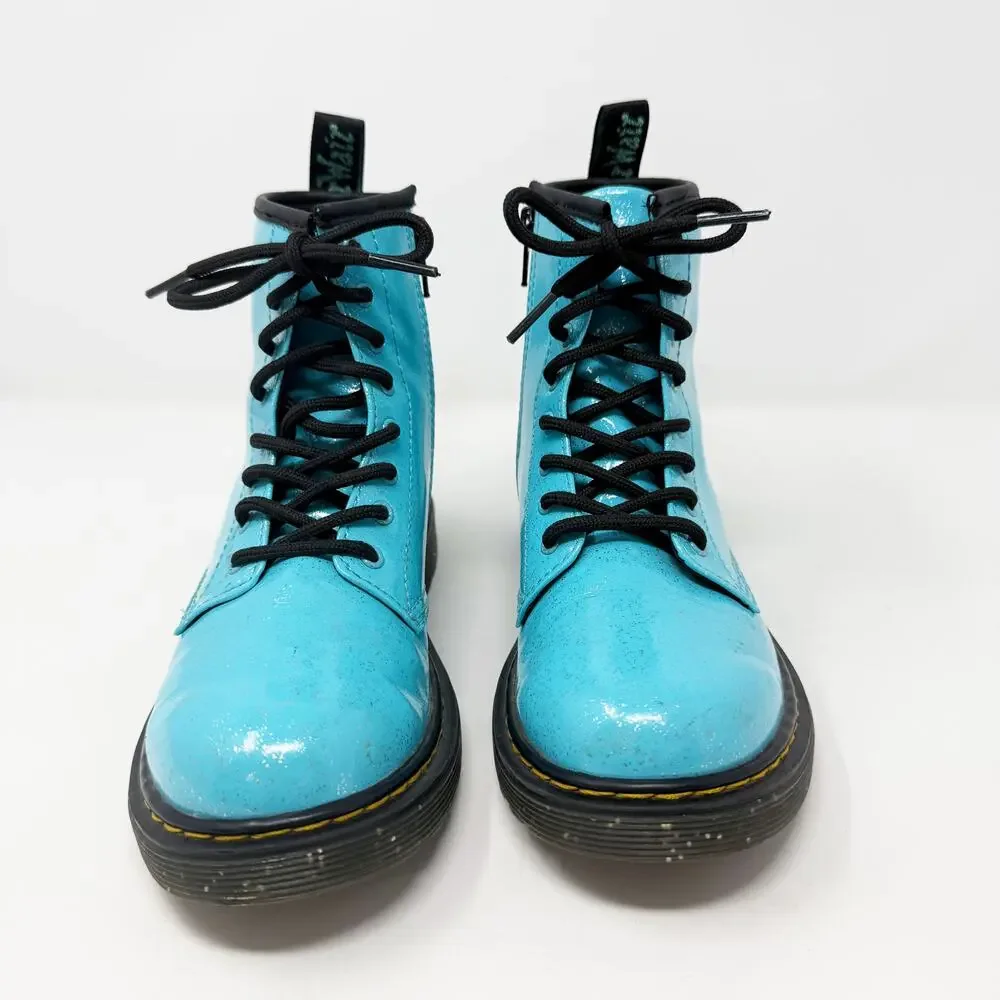 Dr. Martens Aqua Blue Glitter Patent Leather Combat Boots Sz 3 Lace Up/Side Zip